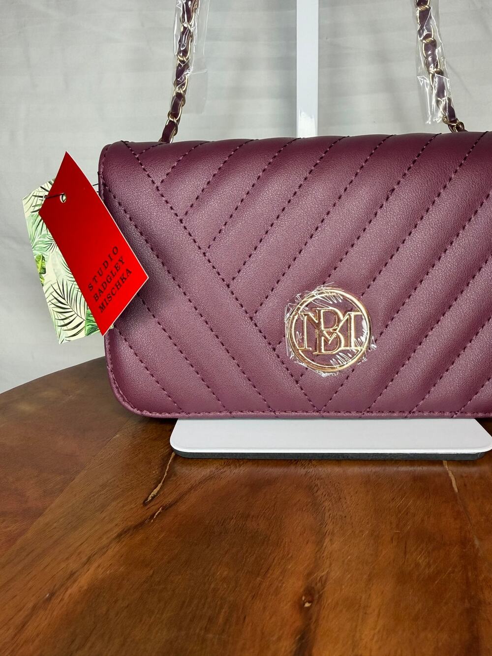 Badgley Mischka Plum Quilted Crossbody Bag Small Gold Logo NWT Vegan Leather